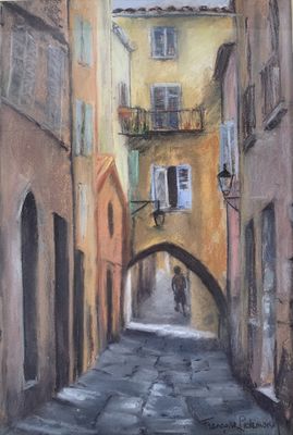 painting of an alleyway in an old town with a man walking down the street