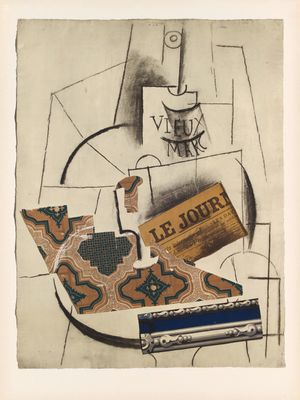 une image représentant une photo d'un tableau sur lequel figurent un couteau et une boîte posés sur une table