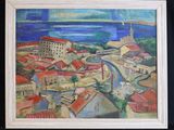 painting of a view of a town with a river in the foreground