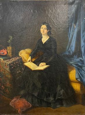 tableau représentant une femme en robe noire assise sur un canapé jaune