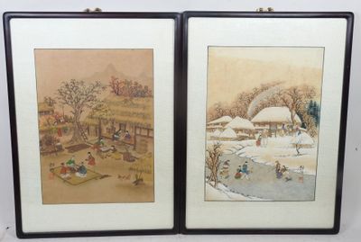 deux tableaux asiatiques encadrés représentant une scène de village et un étang
