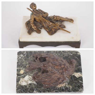 two pictures of a statue of a man with a sword and a bird on a marble base