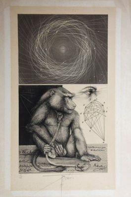 drawing of a monkey sitting on the ground with a kite in the background