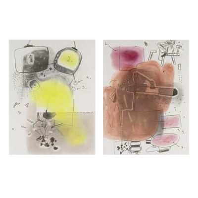 deux dessins représentant un homme avec un sac et une chaise