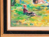 an oil painting of a man and a woman sitting in a park