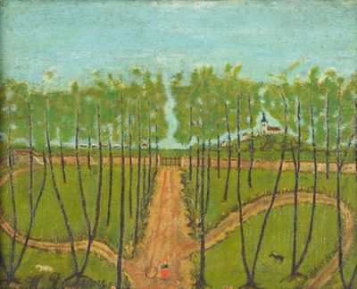 an image of a painting of a person walking down a dirt road