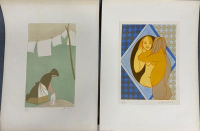 deux reproductions encadrées représentant une femme et un homme assis par terre