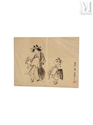 two drawings of a woman and a man in a kimono