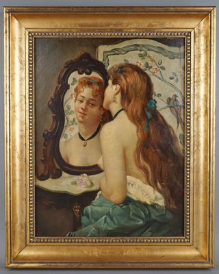 an image of a painting of two women in front of a mirror
