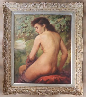 une peinture à l'huile représentant une femme nue assise sur une couverture rouge