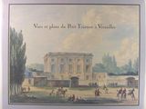 a picture of a painting of a building with people riding horses