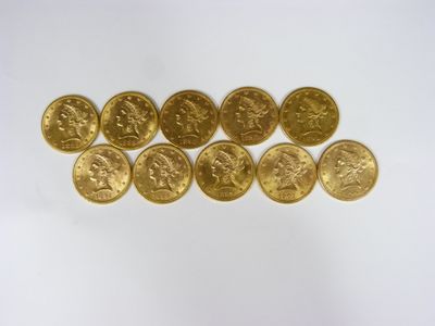 10 pièces de 10 dollars or Liberty, 1882, 1888,  1892, 1893, 1894 (x2)