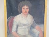 painting of a woman in a white dress sitting on a red chair