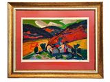 an image of a painting of a farm scene with a red sky