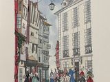 an illustration of a street scene with people walking down the street