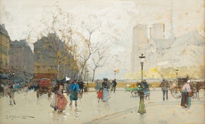 un tableau représentant des personnes marchant sous la pluie dans une rue de la ville
