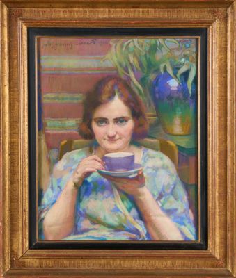 painting of a woman holding a cup of coffee in front of a vase of flowers