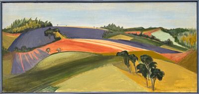 une image d'un tableau représentant un paysage avec des arbres au premier plan