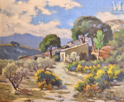 une peinture à l'huile représentant une maison sur une colline, entourée d'arbres et de buissons