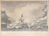 une vieille gravure représentant une bataille navale avec des navires sur l'eau