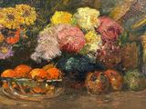 a painting of flowers and fruit on a table