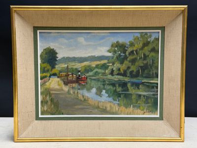 painting of a man on a boat on a river with trees in the background