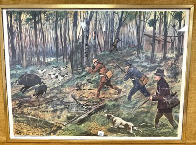 un tableau représentant un groupe d'hommes dans les bois