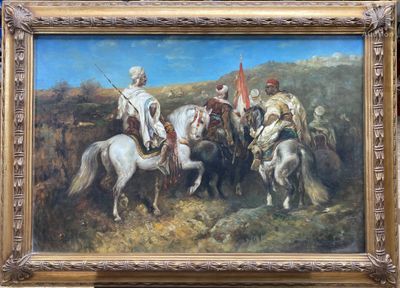 tableau représentant un groupe d'hommes à cheval dans un paysage montagneux
