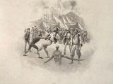 drawing of a group of men standing around a fire in a field