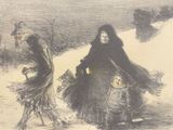 a drawing of a woman and a child walking in the snow