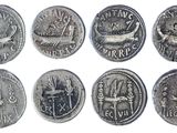 six pièces de monnaie romaines antiques sont représentées en rangée sur un fond blanc