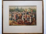 painting of a group of children playing with a dog in a yard