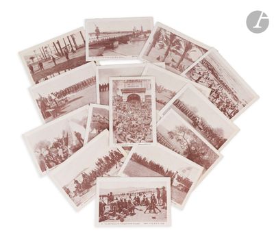 several old postcards of people and buildings on a white surface