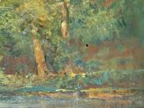 a painting of a boat in the water near a tree