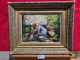 une photo d'un tableau représentant une femme assise sur un banc