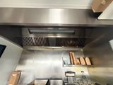 a view of a commercial kitchen with stainless steel appliances