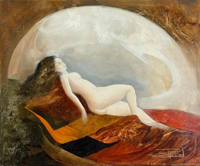 une peinture à l'huile représentant une femme allongée sur un lit, avec une pleine lune en arrière-plan
