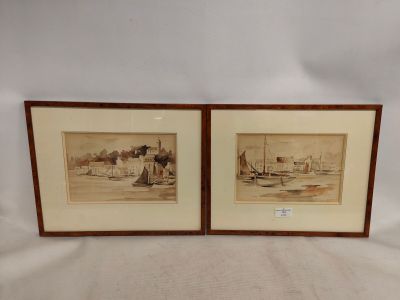 DEMET : "Ports animés". Paire de lavis d'encre, signés en ba…