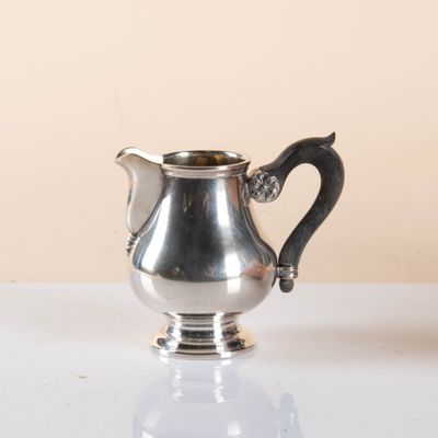 a silver pitcher sitting on a table with a white background