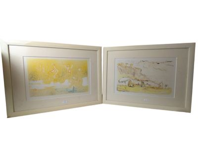 two framed pictures of a couple of animals on a beach