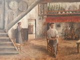 un tableau représentant un homme assis sur une chaise dans une pièce