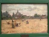 a painting of sheep in a field with a church in the background