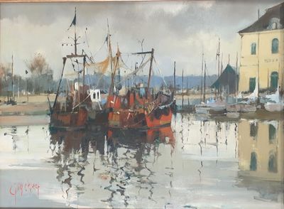une peinture de bateaux dans un port avec des bâtiments à l'arrière-plan