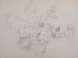 pencil drawing of a vase of flowers with a butterfly on it