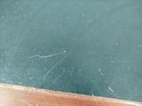 a blackboard with a chalkboard on it and a wooden table with a chalkboard on it