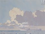 une peinture représentant un bateau sur l'eau, avec des nuages en arrière-plan