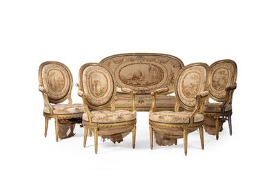 une image représentant un ensemble composé de six chaises et d'un canapé