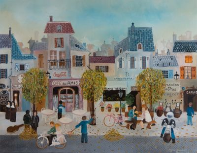un tableau représentant une scène de rue avec des gens qui marchent et qui font du vélo