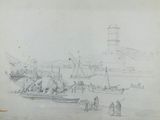 drawing of a view of a harbor with boats and a lighthouse