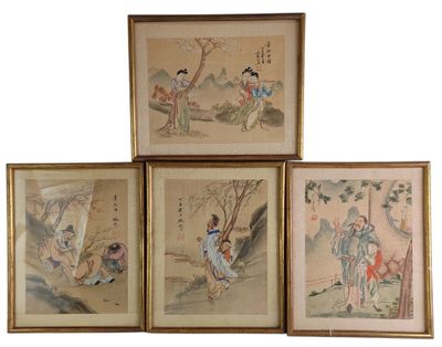 four framed asian paintings of women and trees on a white background